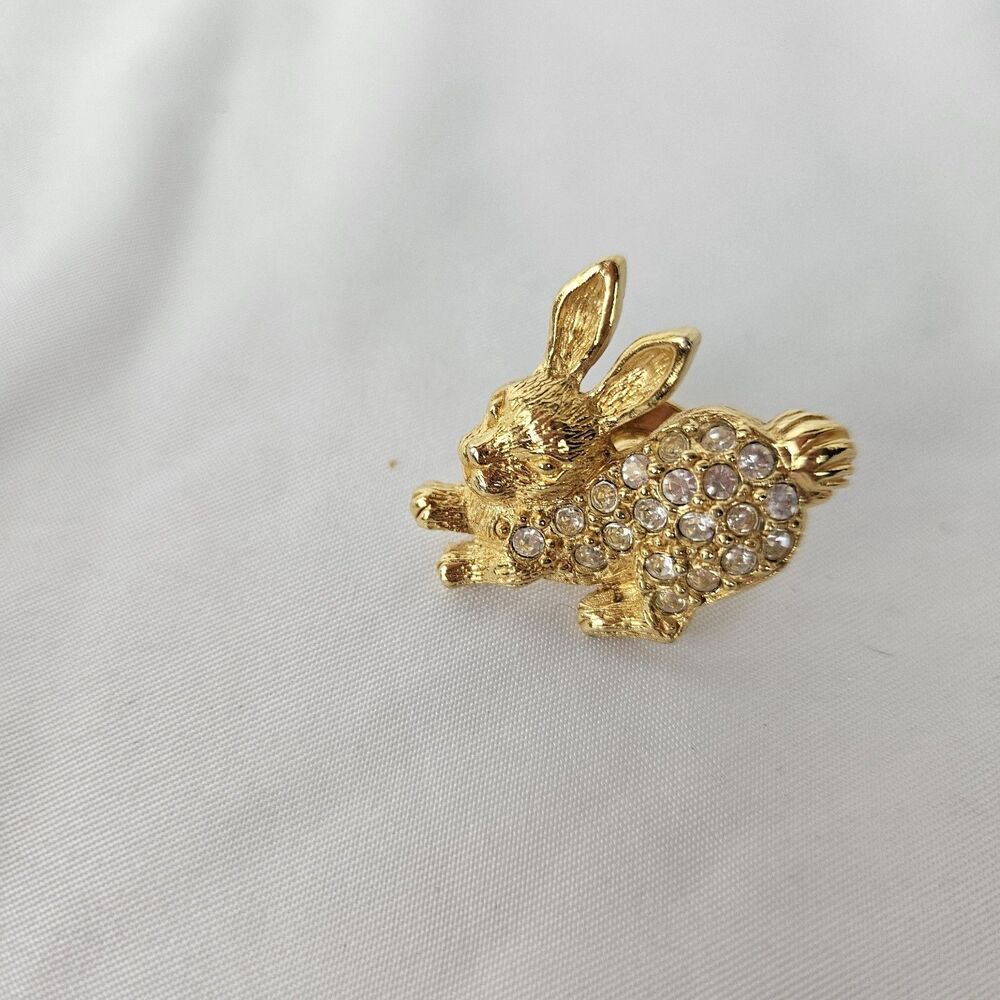 Vintage Avon Pin Rabbit Bunny Tie Lapel Brooch Gold Tone Crystal Rhinestone 1"